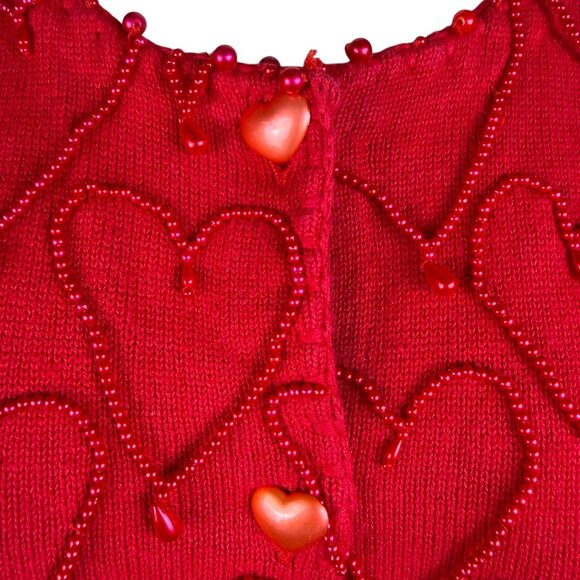 Michael Simon Red Cotton Cardigan Beaded Sequin Hearts Embellished Details Sz M - Picture 6 of 11